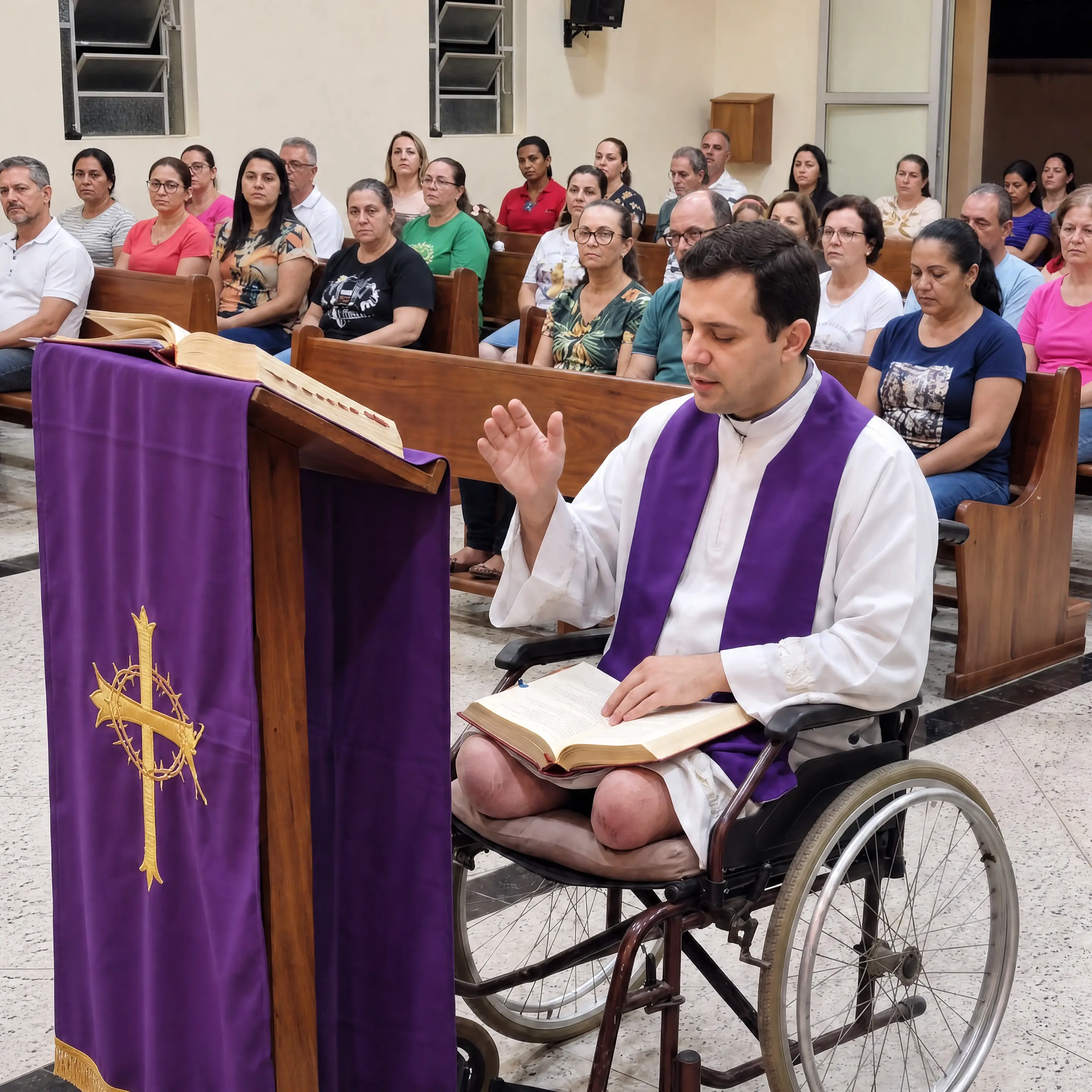Padre Samuel celebrando uma missa sentado